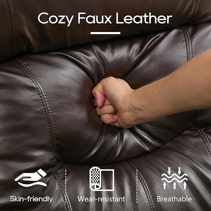 DRMBOOK RV Loveseat Recliner Sofa with Console, Faux Leather Double Wall Hugger Reclining Couch Manual Home Movie Seating 2 Person Recliner Chair with Cup Holders/Storage/Pocket/Lumbar Pillow, Brown