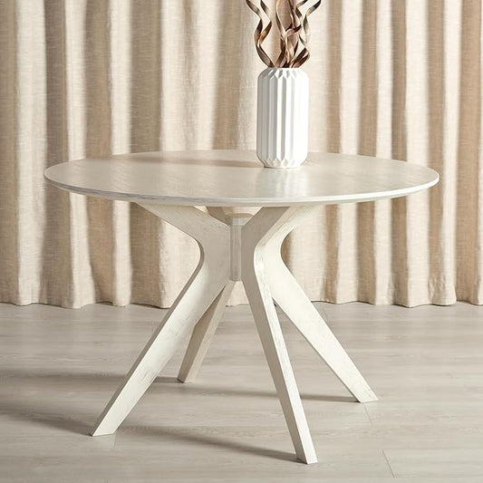 SAFAVIEH Couture Collection – Carolee White Washed 46-Inch Round Dining Table, Farmhouse Dining Table for Kitchen or Dining Room, Seats Up to 4 (SFV2134A)