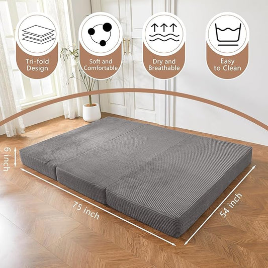 BYBYME Tri-Folding Corduroy Mattress, 6 Inches Gel Folding Mattress Topper, Foldable Soft Guest Bed Camping Pad, Washable Cover (Grey, Full)