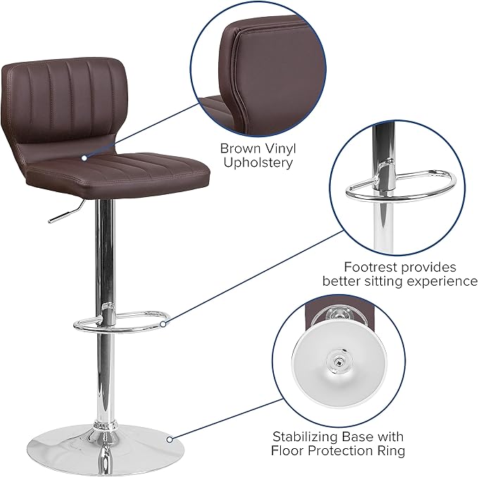 Flash Furniture Contemporary Brown Vinyl Adjustable Height Barstool with Vertical Stitch Back and Chrome Base (Pack of 1)