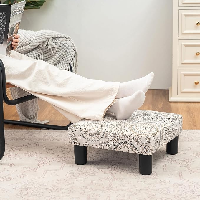 Joveco Small Foot Rest Stool Ottoman, Square Upholstered Fabric Footstool for Couch, Under Desk, Office, Living Room, Printing Beige