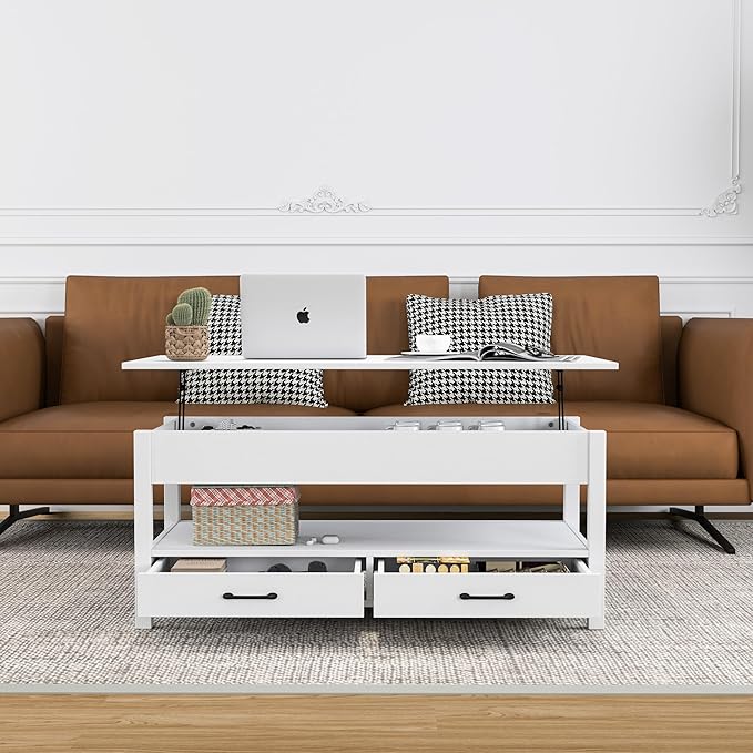 Panana Coffee Table, Lift Top Coffee Table with Hidden Compartment, 2 Drawers and 1 Open Shelf, Retro Central Wooden Table Lift Tabletop for Living Room (White)