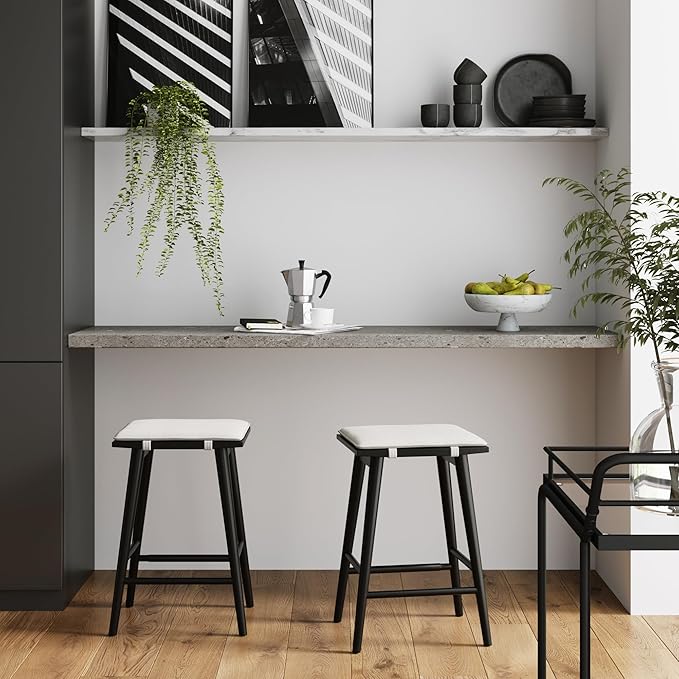Nathan James Barker Counter Height Wood Barstool with Upholstered Cushion, Backless Island Stool for Kitchen, Black/White, Set of 2