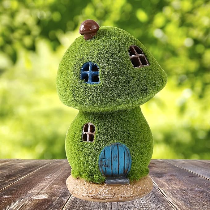 Outdoor Figurine Lights Garden House Statue and Mushroom Fairy House Decor Outdoor Statues with Solar Lights Garden for Patio Lawn Yard Ornaments, Housewarming Gift