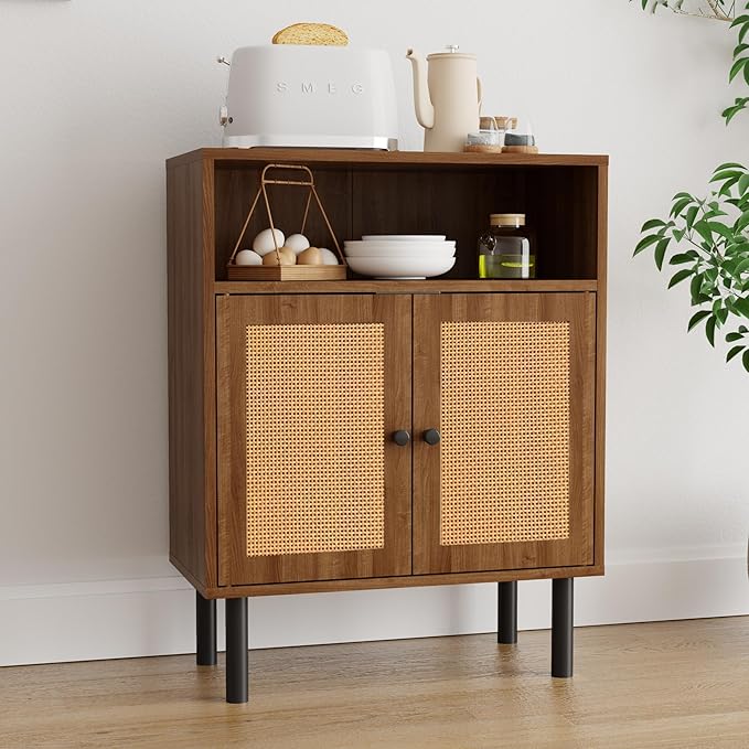 Rattan Storage Cabinet, Boho Accent Cabinet with Double Doors, Small Freestanding Sideboard for Hallway, Laundry Room,Kitchen, Dining Room, Entryway (Walnut)