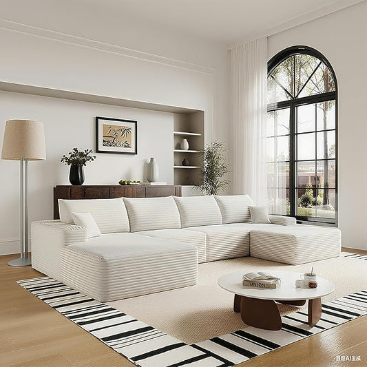135" U Shaped Sectional Couch with Ottoman, Large Sectional Couches for Living Room, Plush Corduroy Convertible Sleeper Sofa, Compressed Foam Sofa in a Box No Assembly, Left Facing Chaise, White