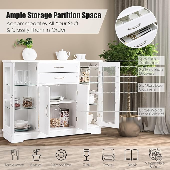 DORTALA Buffet Sideboard, Kitchen Server Cabinet w/ 2 Drawers, Glass Display Cabinet w/Adjustable Glass Shelves, Multifunctional Sideboard Console Table for Kitchen, Living Room, Dining Room, White