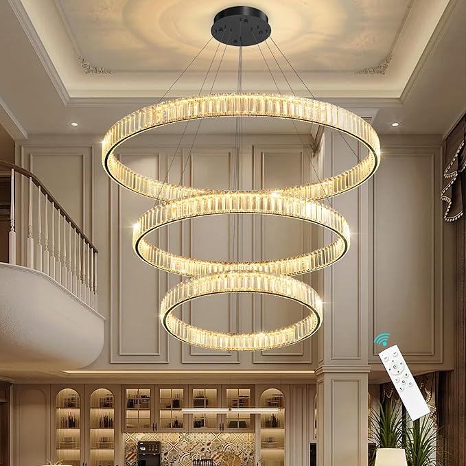 24''+32''+40'' Modern Ring Chandelier Crystal Chandeliers for Dining Room Round LED Dimmable Ceiling Light Fixture for Living Room Bedroom Lighting Black