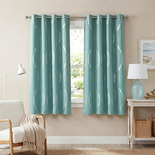 NICETOWN Aqua Blue Stripe Curtain Panels 63 inch Long for Dining Room and Patio, W52 x L63 inch, Wave Line Foil Print Design Pattern Drapes for Modern Apartment Wall Decor, 2 Panels
