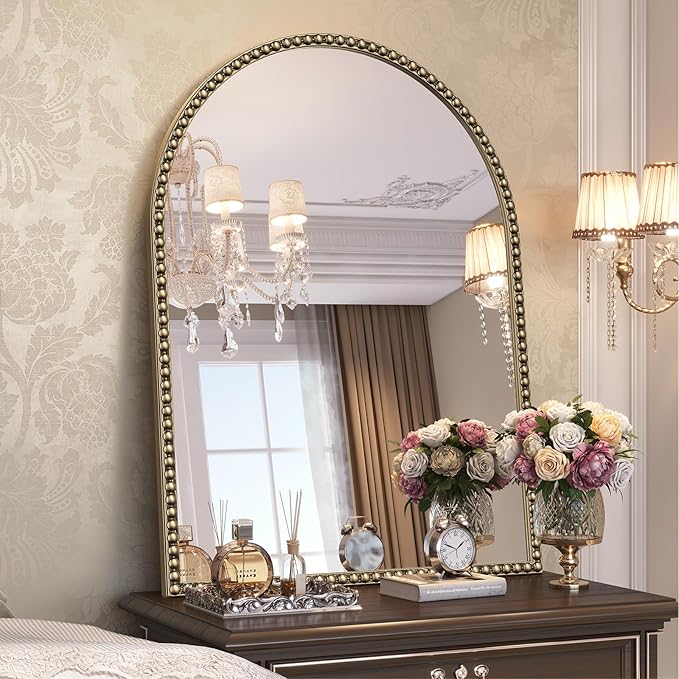 Arched Beaded Mirror for Bathroom, 24"x32" Antique Gold Arch Vanity Wall Mirror, Retro Brass Metal Frame Champagne Bronze Mirrors for Bedroom Dressing Room Entryway Fireplace