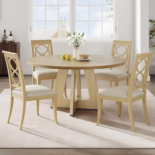 Garvee 47 in Round Farmhouse Dining Table for 4-6 with Gray Wooden Top and Legs – Large Rustic Table for Home Dining Room or Living Room (No Chairs)-Burlywood