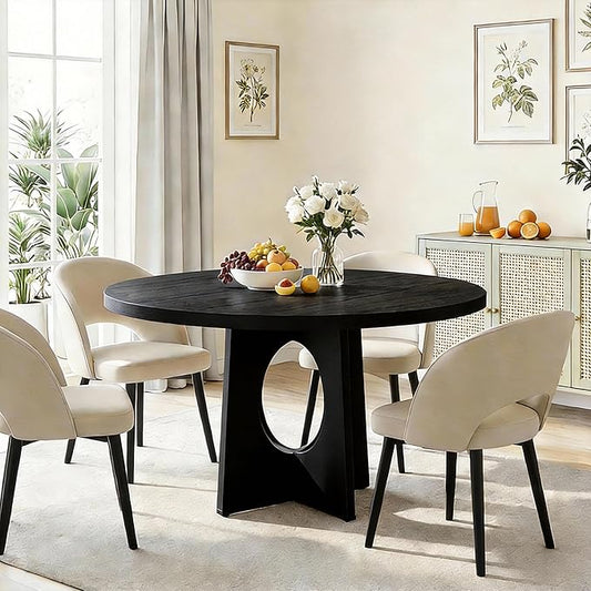 IDEALHOUSE 47" Round Dining Table, Kitchen Table for 4-6 People, Circle Tables with Sturdy Pedestal Base, Space Saving Dinning Room Furniture for Living Room, Kitchen, Apartment, Black