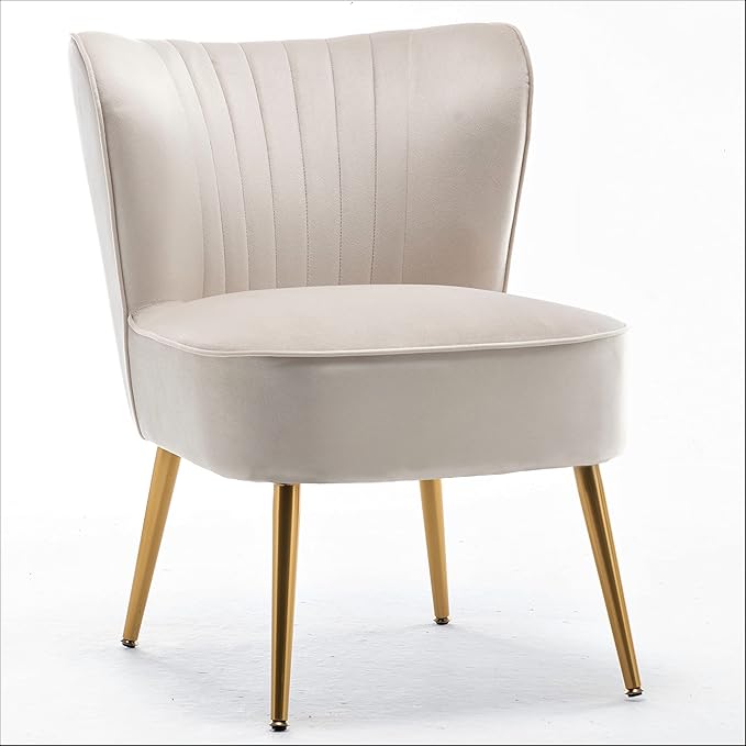 Modern Velvet Accent Chair for Living Room, Bedroom, or Entryway, Stylish and Comfortable Armless Design with Metal Legs, Ivory