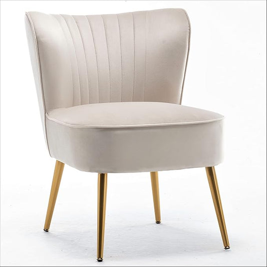 Modern Velvet Accent Chair for Living Room, Bedroom, or Entryway, Stylish and Comfortable Armless Design with Metal Legs, Ivory