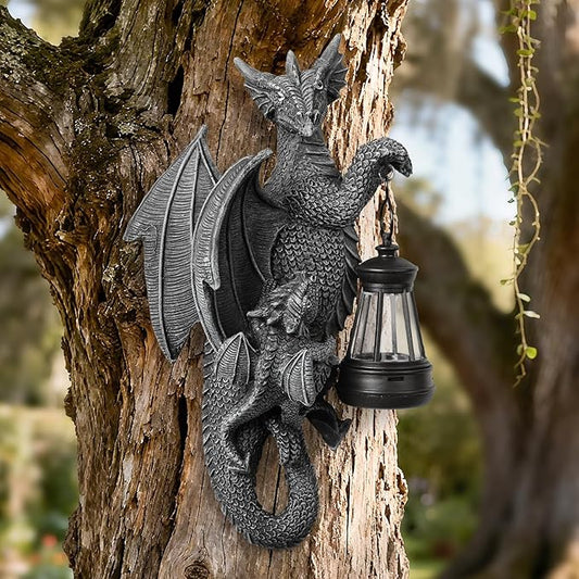 Solar Garden Decor Dragon Tree Hugger Statue | Outdoor Lawn Ornament with LED Light for Yard, Patio, Balcony | Unique Fantasy Dragon Figurine Gift for Women, Mom, Grandma