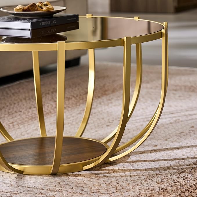 Saint Mossi Glass Round Coffee Table for Living Room, Modern 2-Tier Gold Drum Center Table, Brown Glass Top, Walnut Shelf with Gold Finish Legs & Frame, W30xH16.5