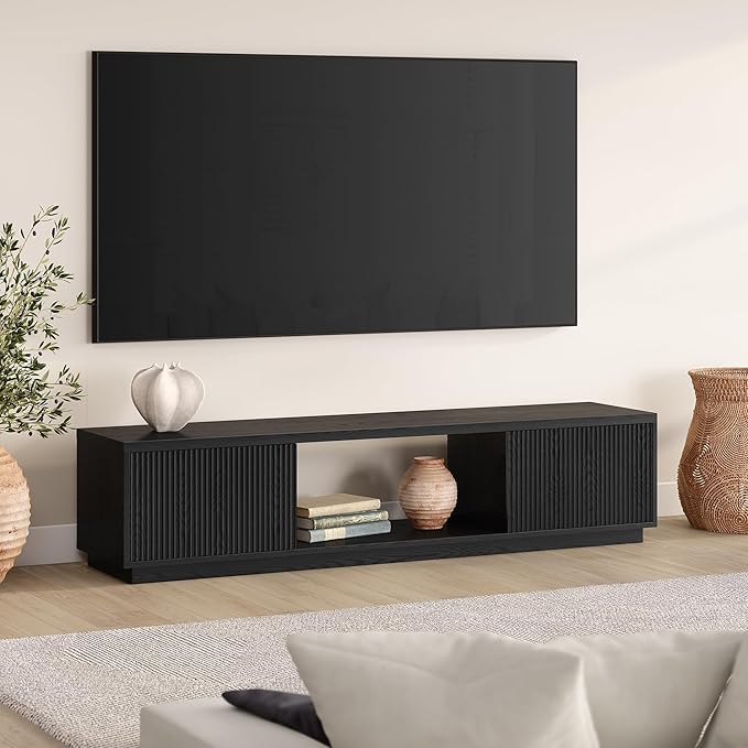 Henn&Hart Fluted TV Stand for TVs up to 78" with 2 Ribbed Side Storage Cabinets and Open Center Storage for Living Room, Family Room, or Office, Natural Black