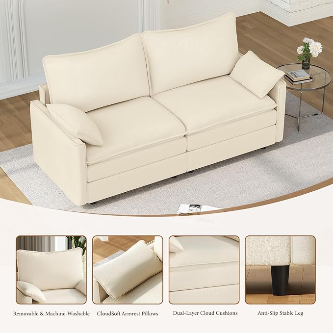 Vesgantti 74" Loveseat Sofa for Living Room, Comfy Cloud Couch Deep Seat Chenille Modern 2 Seater Small Sofa with Armrest Pillow, Easy Assembly for Small Spaces, Beige | Sink-in Comfort, Height Adjustable, Easy Rearrangement, Extra-deep Ottoman, Solid ...