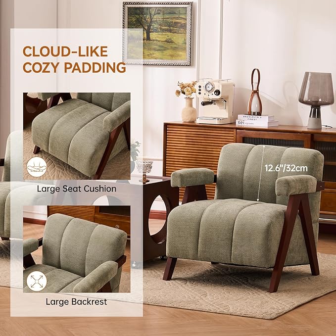 Accent Chairs Set of 2 Mid-Century Modern with Wide Backrest for Bedroom, Upholstered Living Room Chair with Wooden, Lounge Armchair with Thick Cushion, Cute Chenille Comfy Chair, Sage