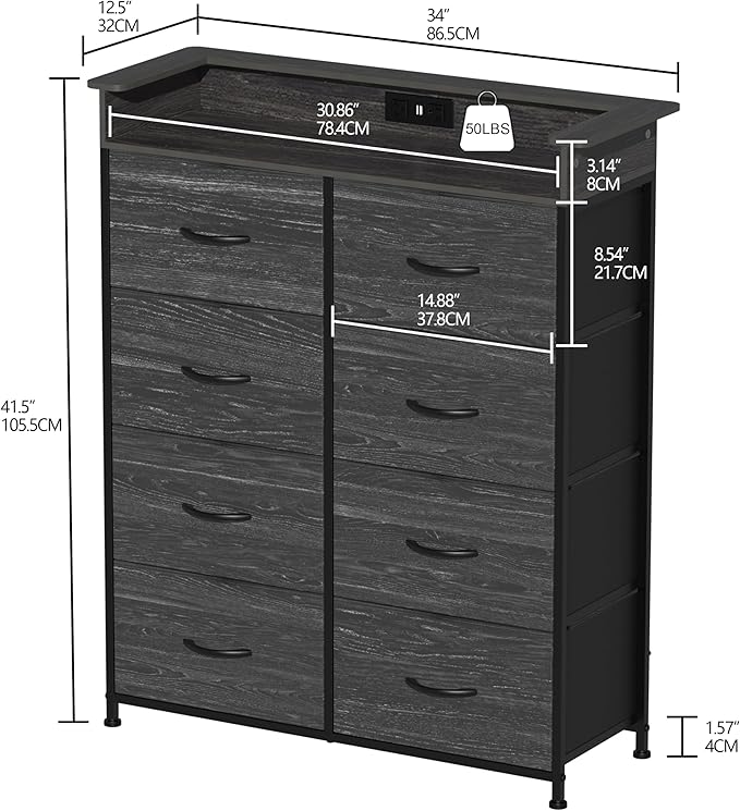 Fabric Dresser for Bedroom with LED Light and Charing Station Tall Dressers with 8 Drawers Black Dresser & Chest of Drawer for Closet Living Room Hallway Sturdy Steel Frame Wood Top