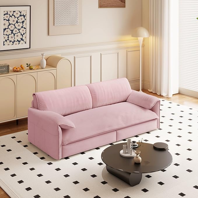 Ball & Cast 63.8" Convertible Sleeper Sofa,3-in-1 Queen Pull Out Couch with Side Pockets,Multi-Functional Velvet Loveseat Bed for Living Room,Bedroom,Apartment,Office,Pink