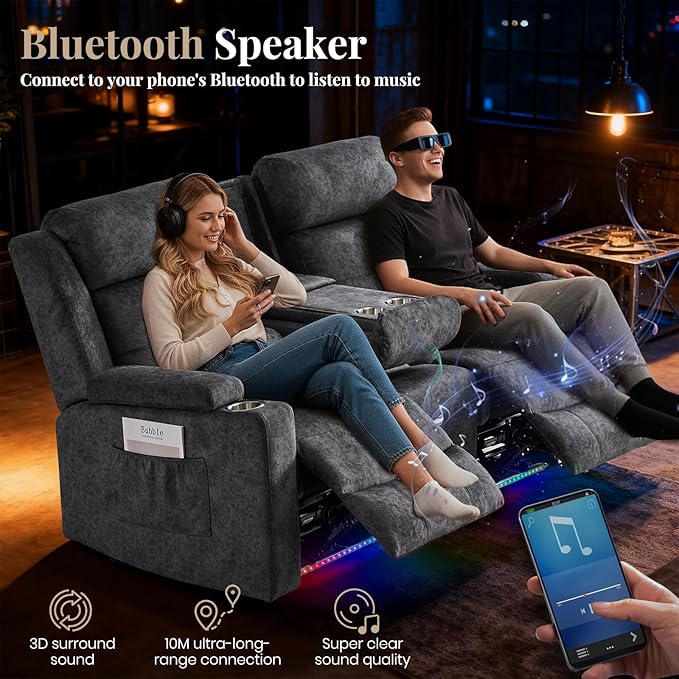 RV Power Loveseat Recliner Sofa with Console|RV Reclining Loveseat with Bluetooth Speaker & LED Light | RV Wall Hugger Double Recliner Loveseat Sofa 3 Pillows (Velvet Gray) | LED Light, Double Seat, Hidden Storage, Comfy Velvet
