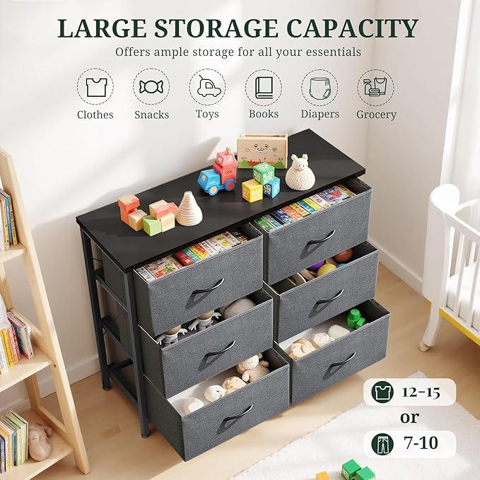 6-Drawer Dresser for Bedroom, Anti-Tip Wide Storage Organizer Chest of Drawers with Wooden Top and Metal Frame Fabric Bins for Closet, Living Room, Hallway, Entryway, Gray