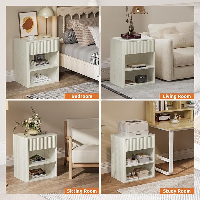 Nightstand Bedside Table Storage Drawer - Large Mid Century Modern Night Stand with Fluted Wood Storage Drawer and Open Shelf Bed Side Table for Bedroom Study Room, Ash White, Set of 1