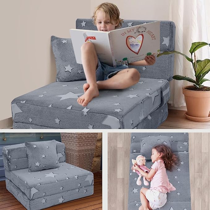 MeMoreCool Kids Tri-Fold Sofa Bed – Glow Star Floor Mattress & Foldable Futon Chair Convertible Toddler Couch | Soft Plush Lounge Mat | Playroom Furniture | Includes Pillow