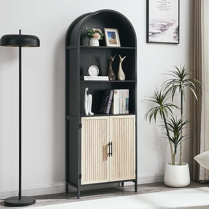 Arched Bookcase Book Shelf with Doors, 5 Tier Display Bookshelf Tall Cabinet with Storage, Industrial Floor Standing Bookshelves Open bookcases for Home Office, Living Room(Oak&Black)