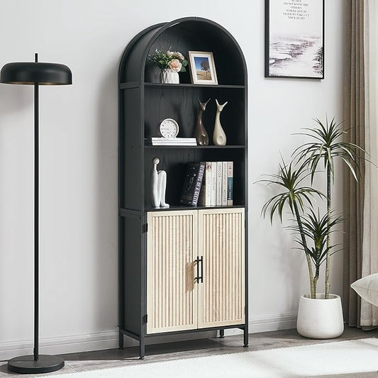 Arched Bookcase Book Shelf with Doors, 5 Tier Display Bookshelf Tall Cabinet with Storage, Industrial Floor Standing Bookshelves Open bookcases for Home Office, Living Room(Oak&Black)