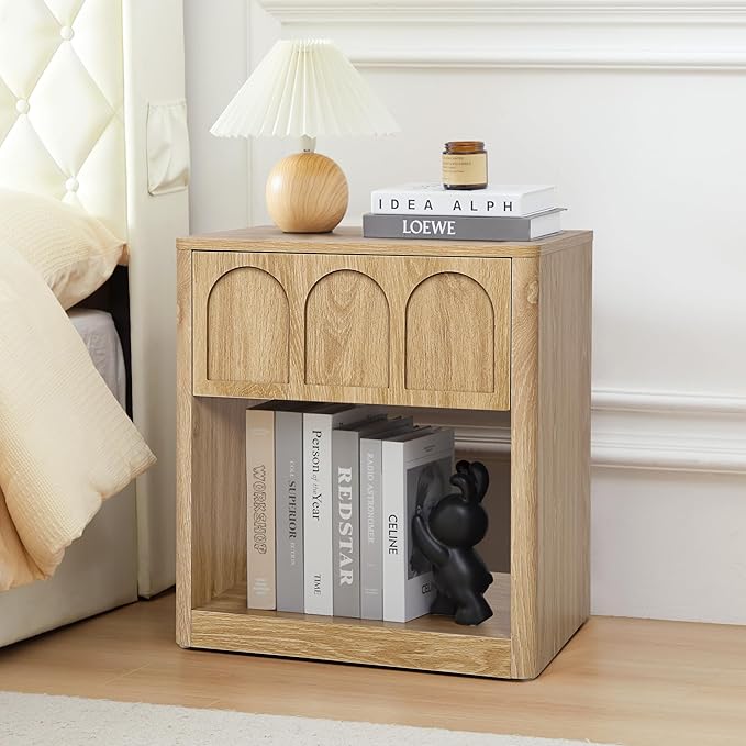 Small Nightstand with Storage, Accent Bedside Nightstand with Drawer, Mid Century Modern Bedroom Bed Side Table for Small Spaces, Dorm, Living Room, Couch Sofa Chair, Office - Natural
