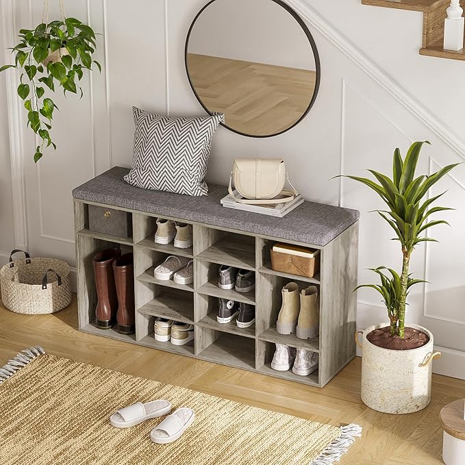 DINZI LVJ Shoe Storage Bench with Cushion, 14-Cubby Shoe Rack, Adjustable Shelves, Multifunctional Shoe Organizer Bench for Entryway, Mudroom, Hallway, Living Room, Bedroom and Garage, Gray Wash