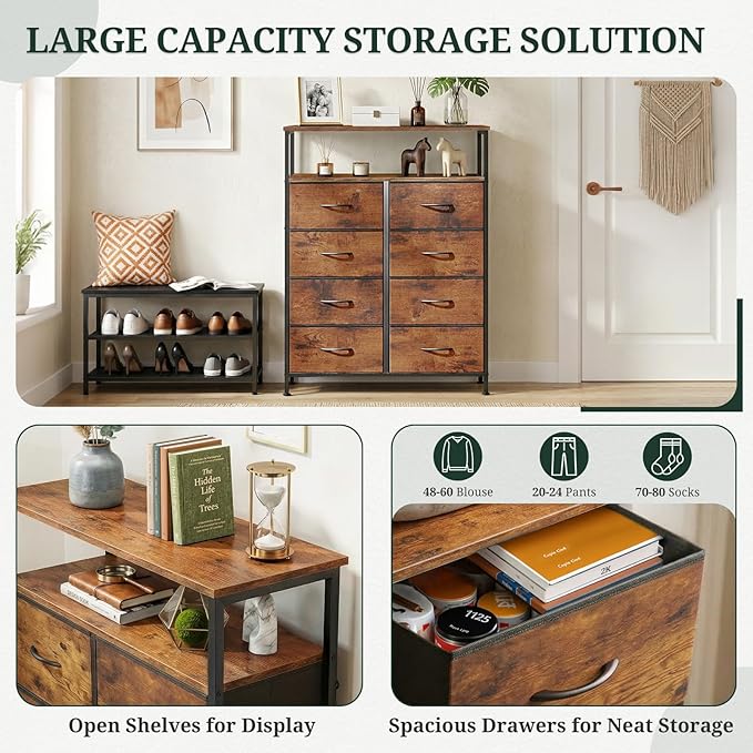 8 Drawers Dresser with Open Shelf, 46" Tall Storage Organizer Chest of Drawer with Wooden Top, Sturdy Metal Frame for Bedroom, Hallway, Living Room, Brown