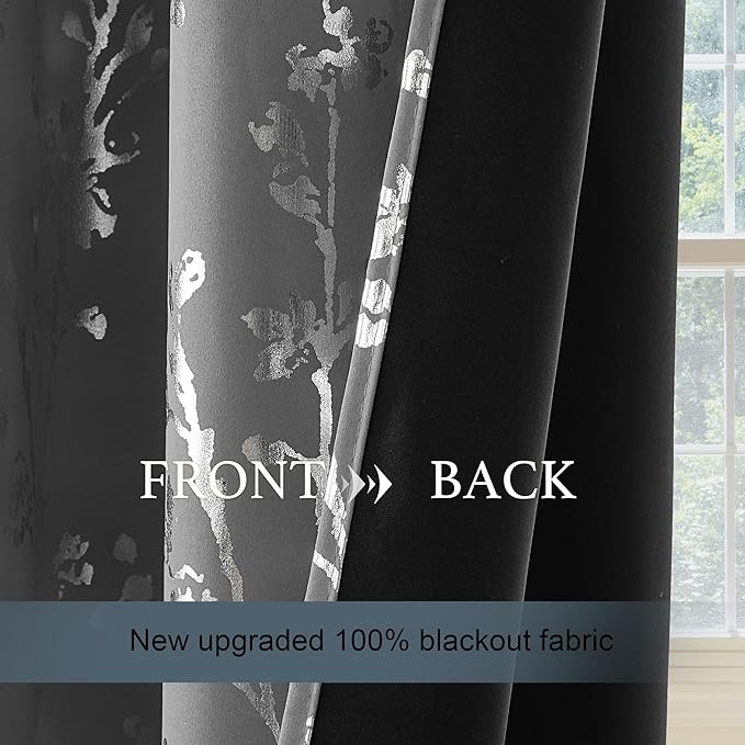 NICETOWN 100% Blackout Grey Curtains for Bedroom, Grommet Floral Foil Printed Blackout Window Treatment Thermal Curtains for Living Room/Kids Room, W52 x L63, 2 Panels