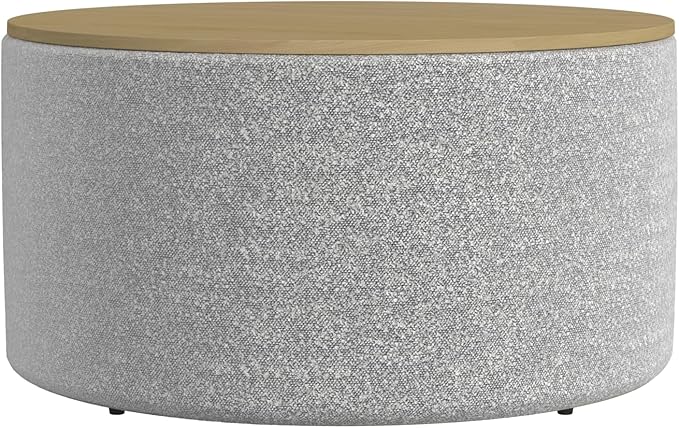 HomePop Modern Fabric Storage Ottoman with Wood Grain Laminate Top -White Cream Boucle with Gray Yarn