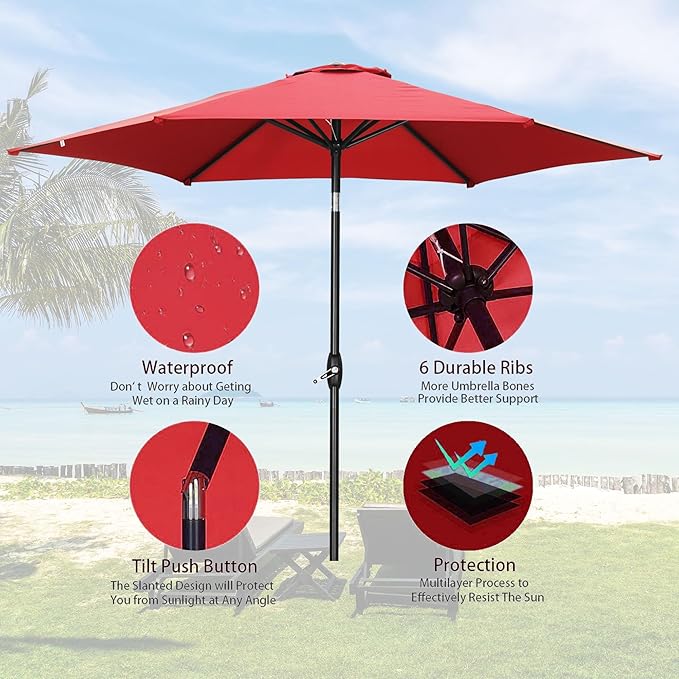 HYD-Parts 9FT Patio Umbrella Outdoor Table Umbrella,Market Umbrella with Push Button Tilt and Crank for Garden, Lawn, Deck, Backyard & Pool, No base (Red)