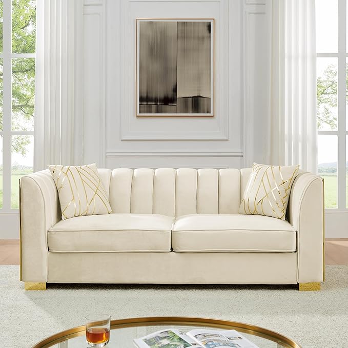 KEIKI 81" Luxury Oversized Velvet Chesterfield Sofa with 2 Pillow & Gold Stainless Decoration, Mid-Century Style 3-Seater Button Tufted Couch with Square Arms, Easy Assembly, for Living Room, Beige