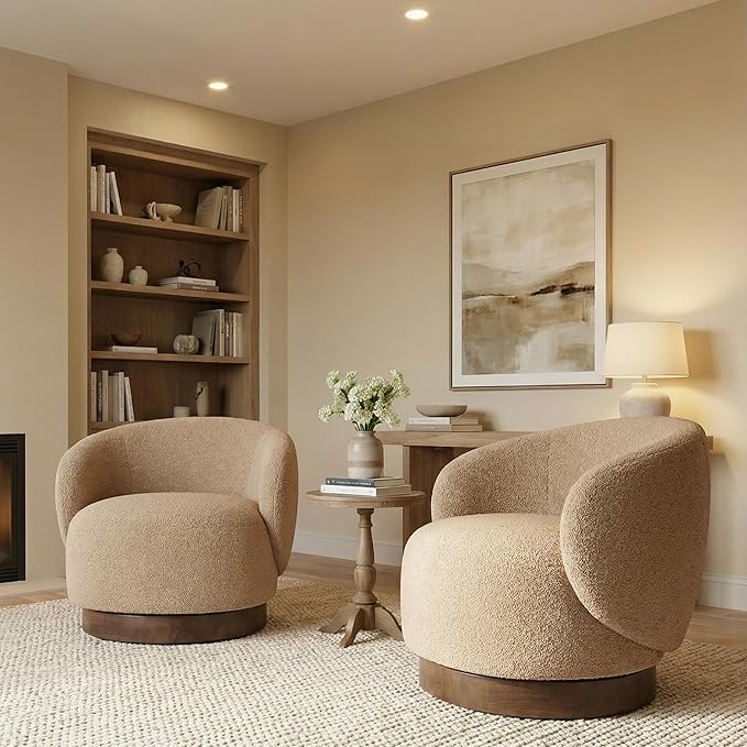 Swivel Accent Chair Round Barrel Armchair Upholstered Performance Fabric for Living Room Bedroom Waitingroom,2 Box,Sand
