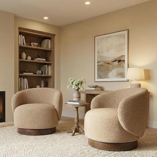 Swivel Accent Chair Round Barrel Armchair Upholstered Performance Fabric for Living Room Bedroom Waitingroom,2 Box,Sand