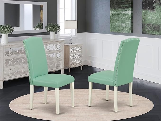 East West Furniture ENP2T57 Encinal Parson Kitchen Chairs - Nailhead Trim Pond Faux Leather Padded Dining Chairs, Set of 2, Linen White