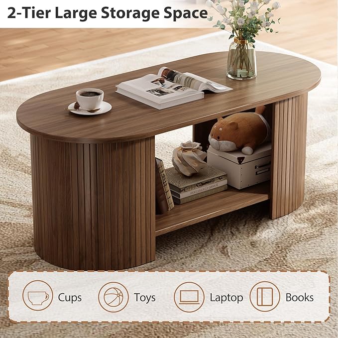 Oval Fluted Coffee Table, 2-Tier Center Table with Large Storage, Mid-Century Modern Wood Coffees Table for Living Room, Home Office, Small Space, Walnut