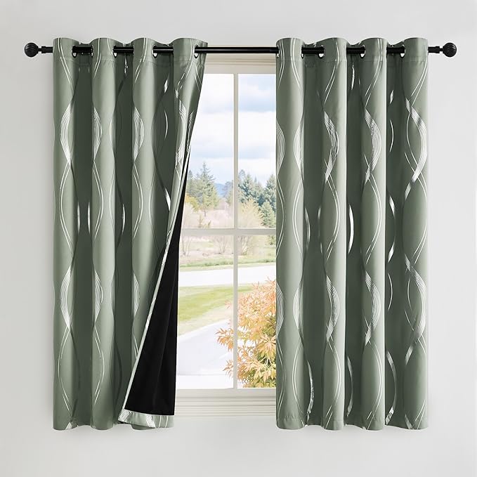 NICETOWN 100% Blackout Greyish Green Blackout Curtain Panels for Bedroom 63 inch Long, Thermal Insulated Wave Line Foil Print Design Drapes for Patio Sliding Glass Door, 52" x 63", 2 Panels