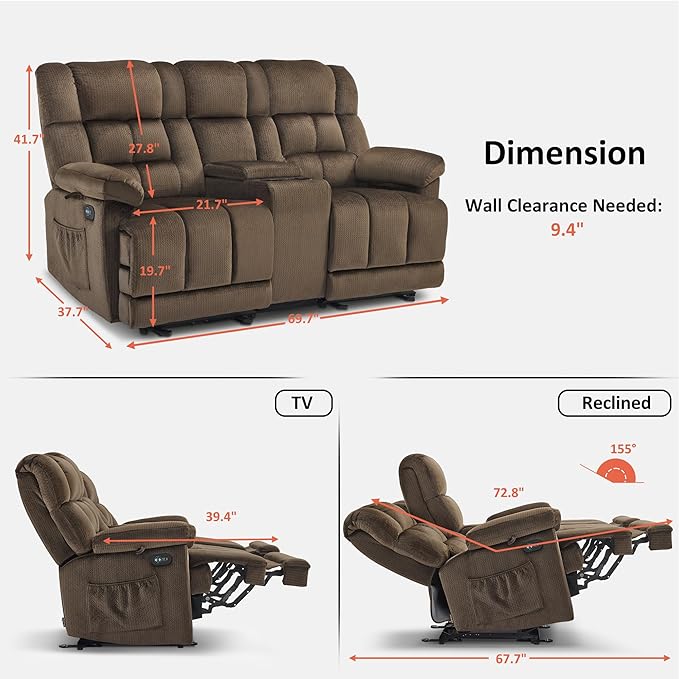 MCombo Zero Gravity Power Loveseat Recliner with Console, Heat and Vibration Massage, Reclining Loveseat Sofa with USB Ports, Cup Holders for Living Room, Fabric RS6234 (Dark Brown)