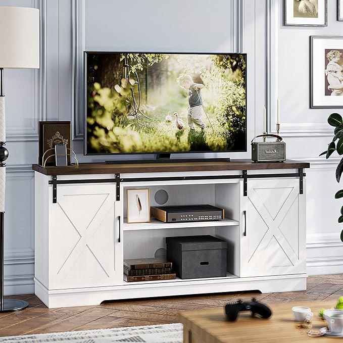 IDEALHOUSE Farmhouse TV Stand, Entertainment Center for 65 Inch TV Media Console Table, White Barn Door TV Stand with Storage and Shelves, Modern TV Console Cabinet Furniture for Living Room