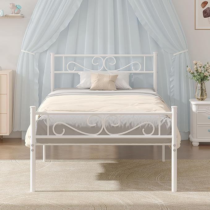 VECELO Twin Size Bed Frame with Headboard, 14 Inch Metal Platform Mattress Foundation, No Boxing Spring Needed, Squeak Resistant, Easy Assembly, Off White