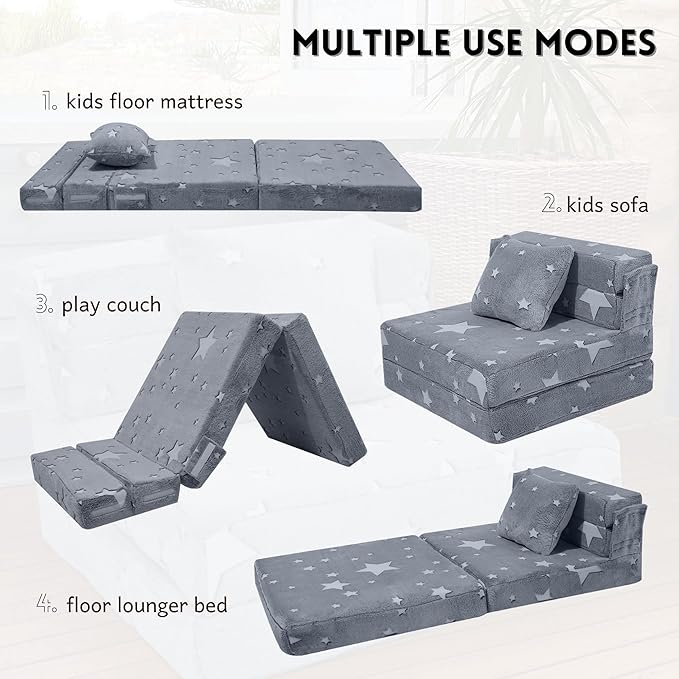 MeMoreCool Kids Tri-Fold Sofa Bed – Glow Star Floor Mattress & Foldable Futon Chair Convertible Toddler Couch | Soft Plush Lounge Mat | Playroom Furniture | Includes Pillow