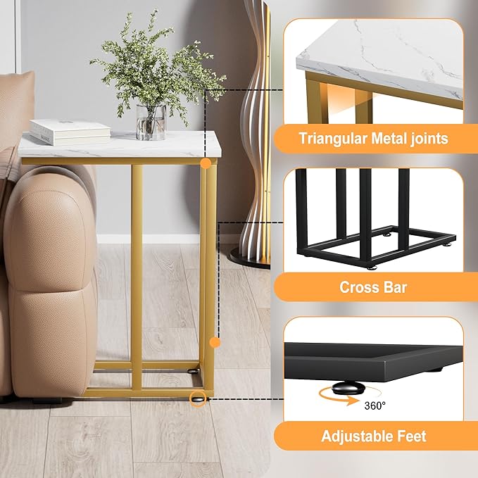 VECELO Universal C-Shaped Side Table, Multi-Functional Snack & TV Tray for Living Room, Bedroom, Gold (1 Set)