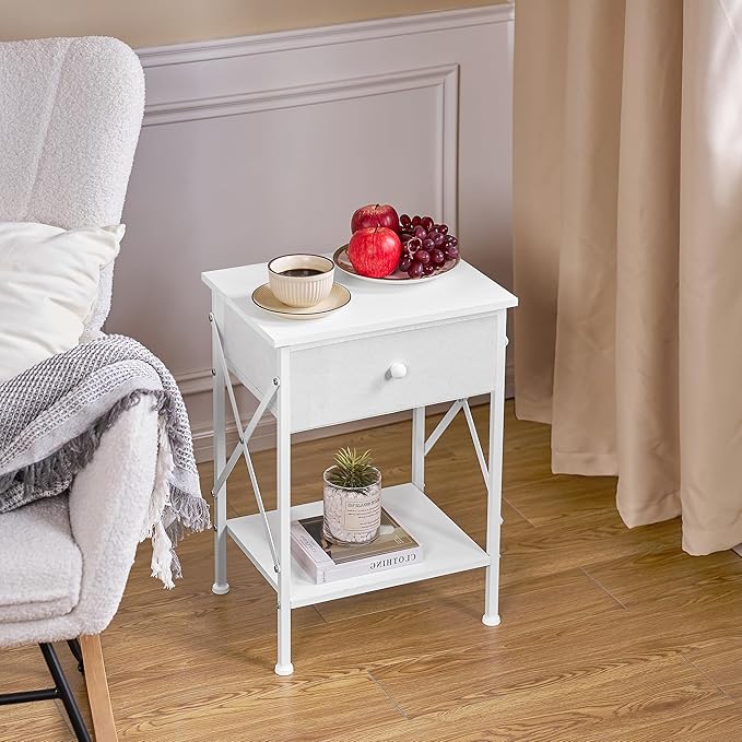 VECELO Nightstand, X-Design End Side Table with Fabric Storage Drawer and Open Shelf, Bedside Night Stand with Steel Frame for Bedroom, Living Room,Dorm, Easy Assembly, White