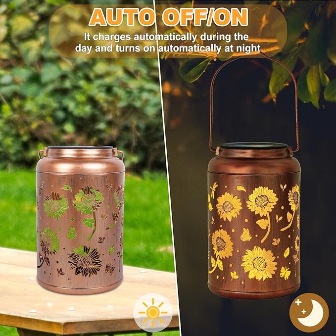 Sunflower Solar Lanterns Outdoor Waterproof, Birthday Sunflower Gifts for Women, Mom, Metal Hanging Solar Lights Outdoor for Patio Porch Yard Backyard Garden Decor